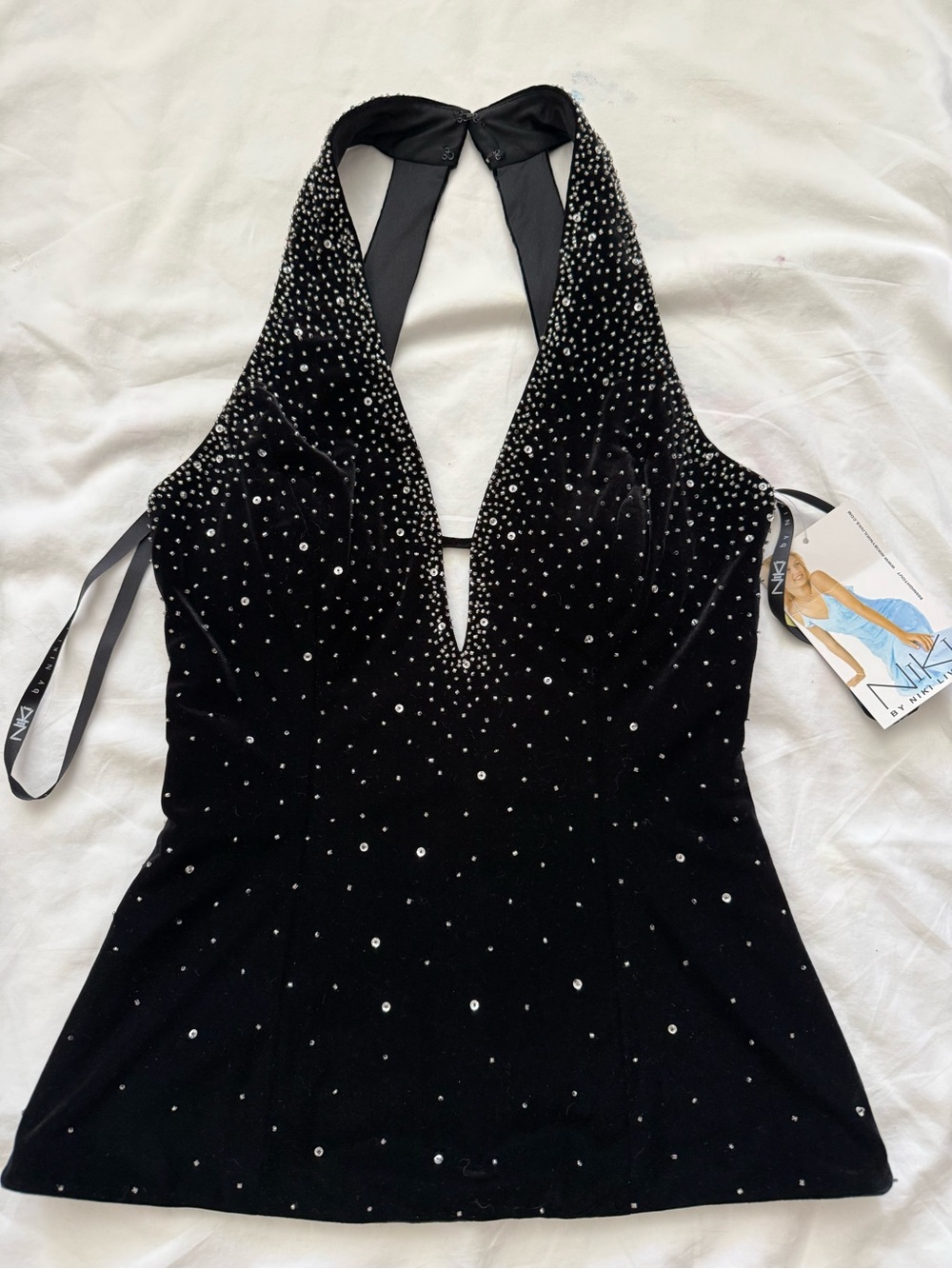 Black velvet embellished halter, deep-V top